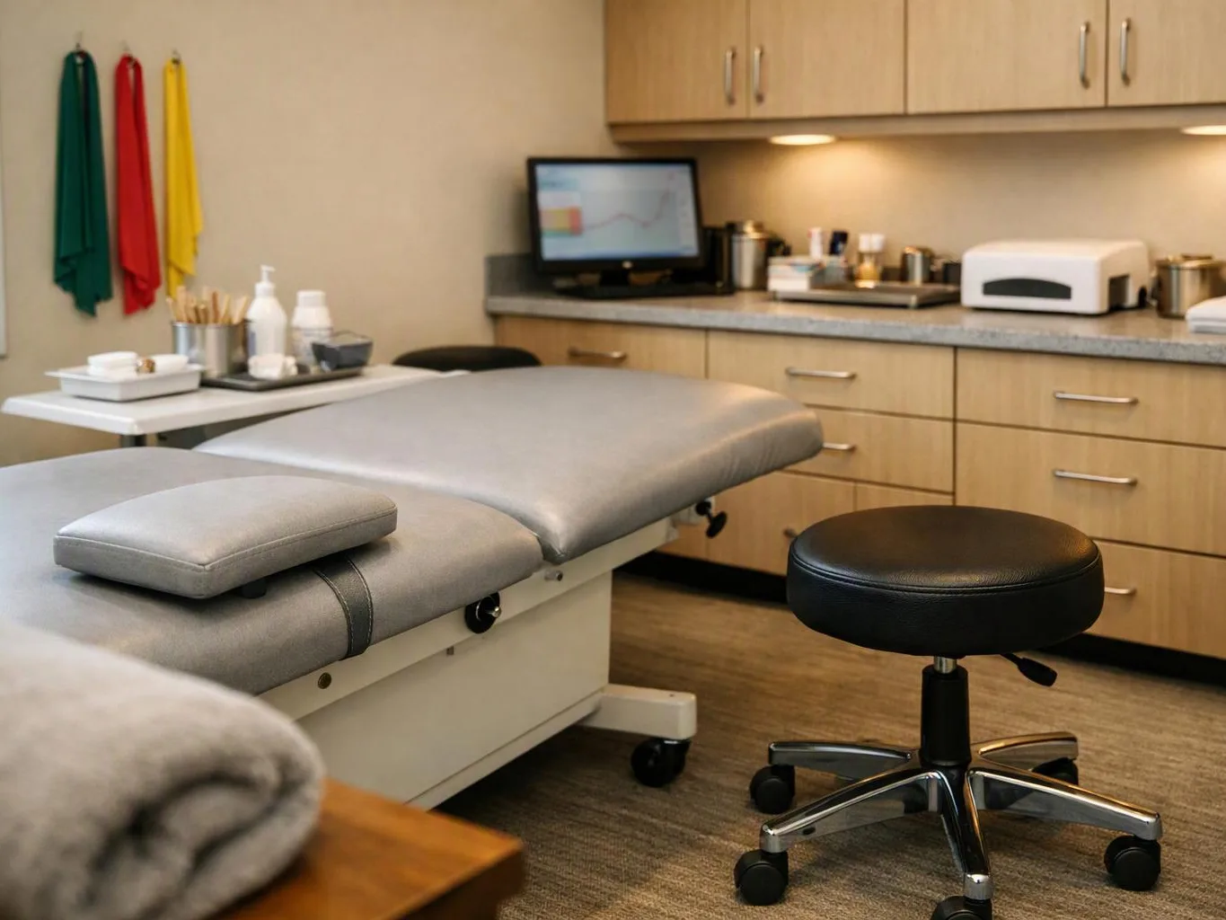 A tidy treatment room shows a padded exam table, rolling stool, cabinets, and supplies on the counter