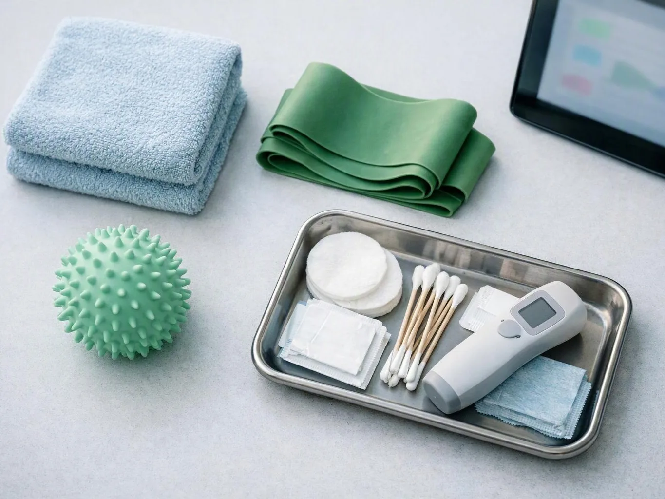 A tray of medical supplies sits beside folded towels, resistance bands, a spiky massage ball, and a digital thermometer