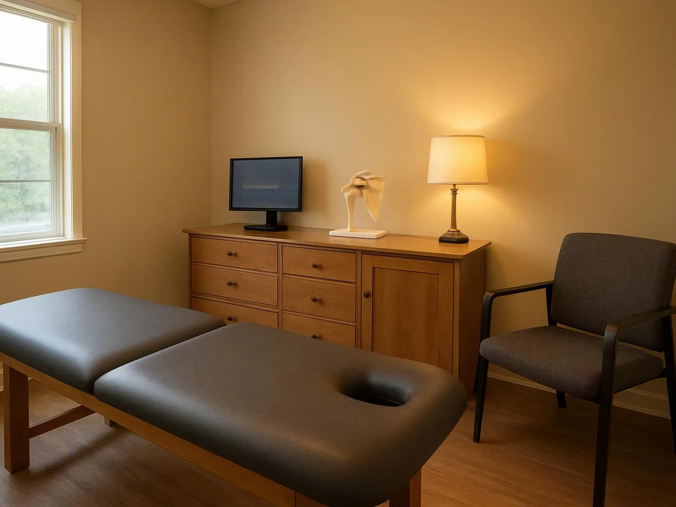 A treatment room holds a massage table, cabinet, lamp, small monitor, and chair by a window