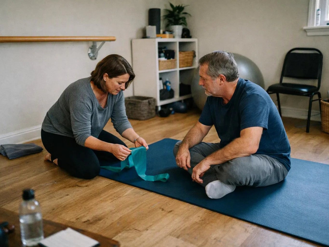 Two adults sit on yoga mats in a studio, adjusting a teal resistance band together