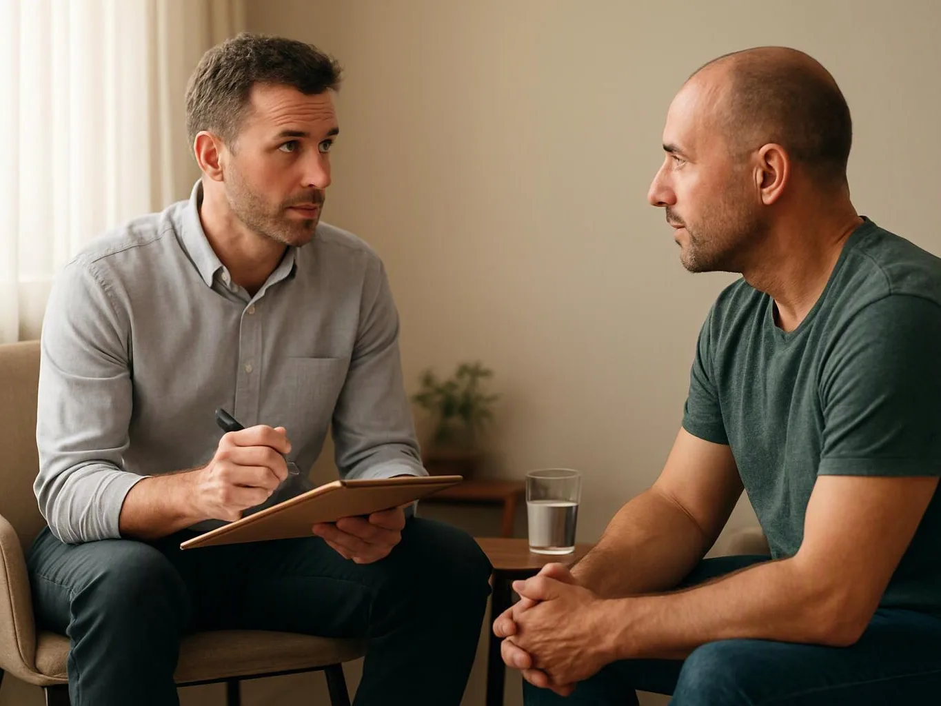 Two men sit facing each other in a calm 상담 room, one taking notes on a clipboard