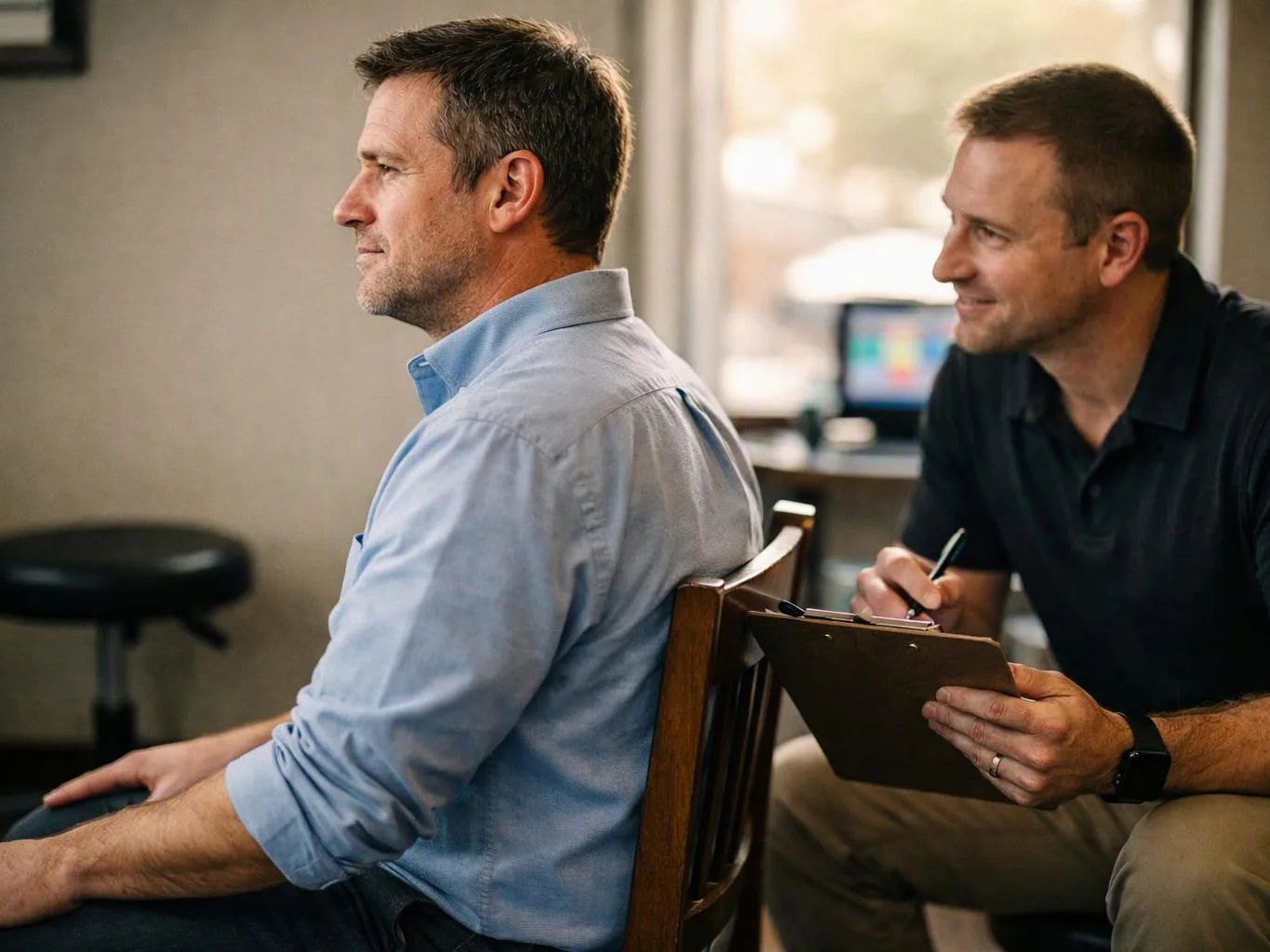 Two men sit indoors while one smiles and writes on a clipboard beside the other in a bright room