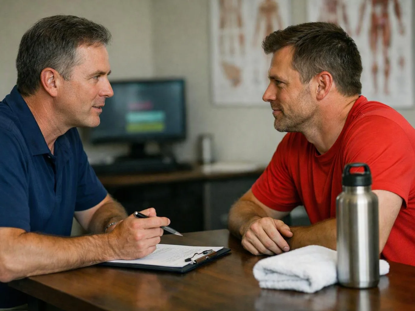 Two men sit at a table, talking across a clipboard, with a water bottle and folded towel nearby