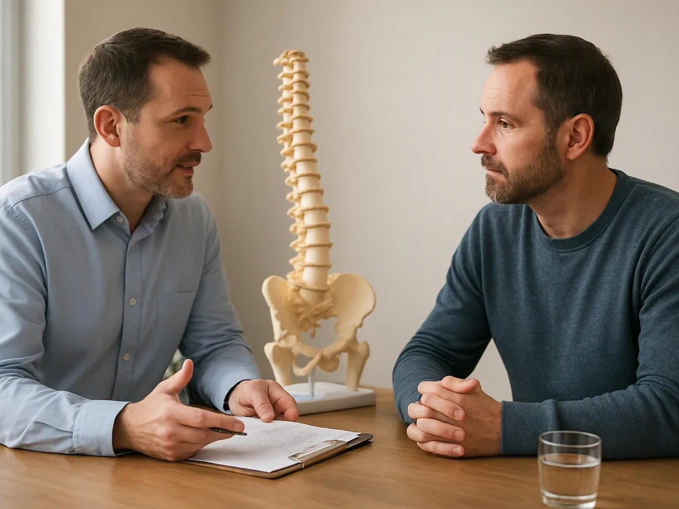 Two men sit at a table talking beside a model spine and pelvis in a plain room