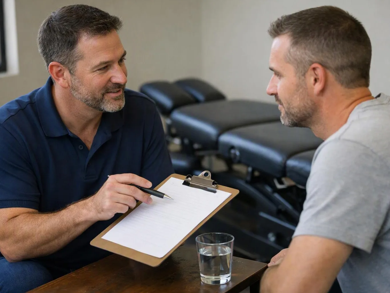 Two men talk across a table while one holds a clipboard, with treatment tables in the background