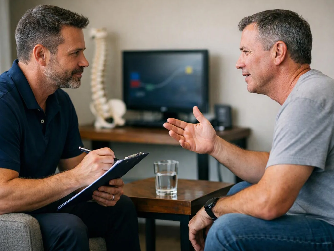 Two men talk in a clinic room, one taking notes while a monitor and spine model sit behind them