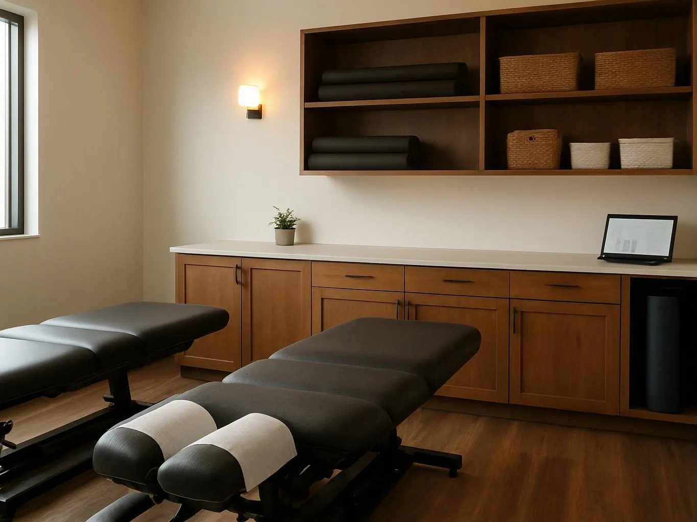 Two padded treatment tables sit in a tidy room with wood cabinets, shelves, and warm wall lighting