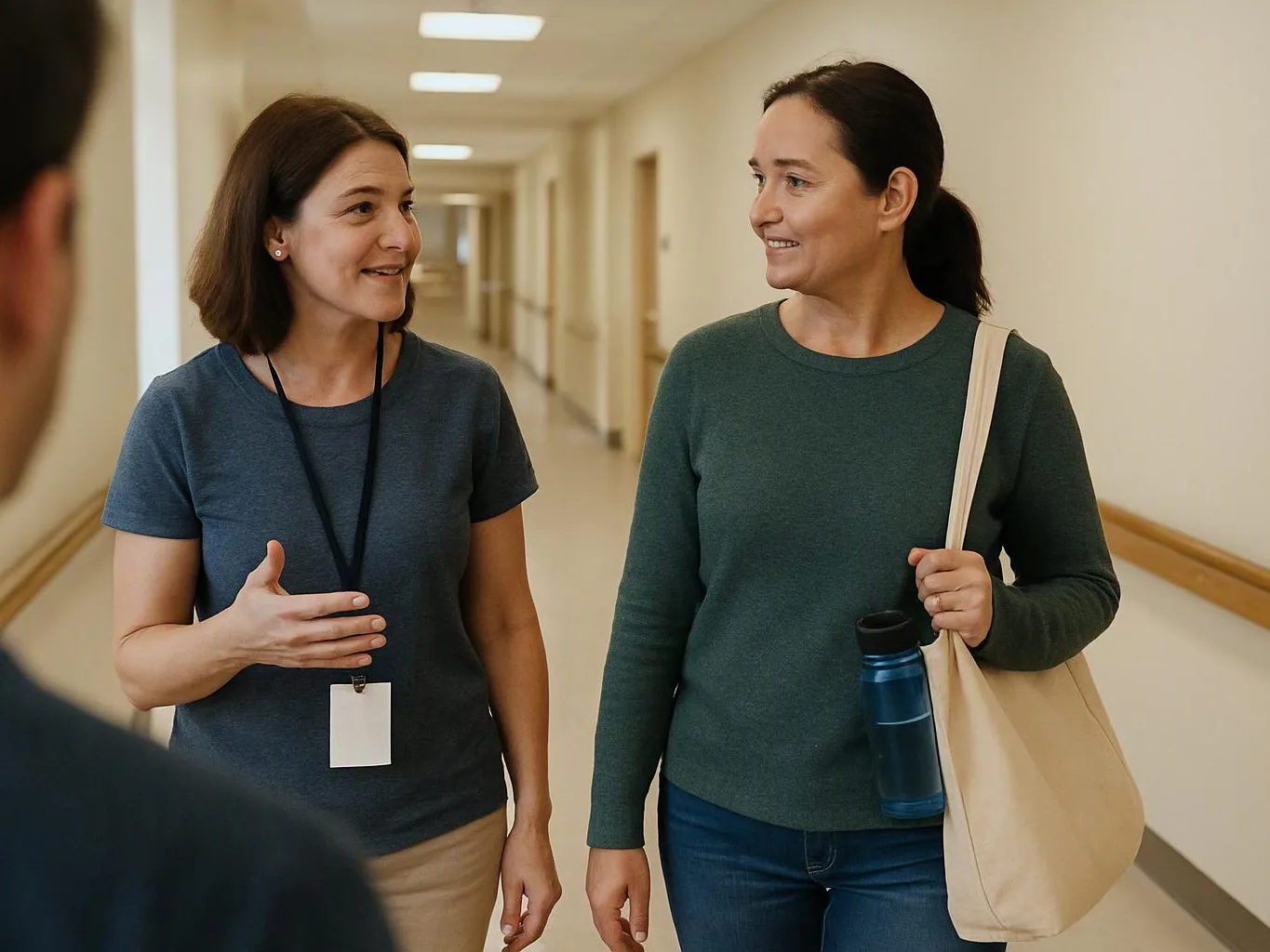 Two women walk and talk down a bright hallway, one wearing a lanyard and the other carrying a tote and water bottle