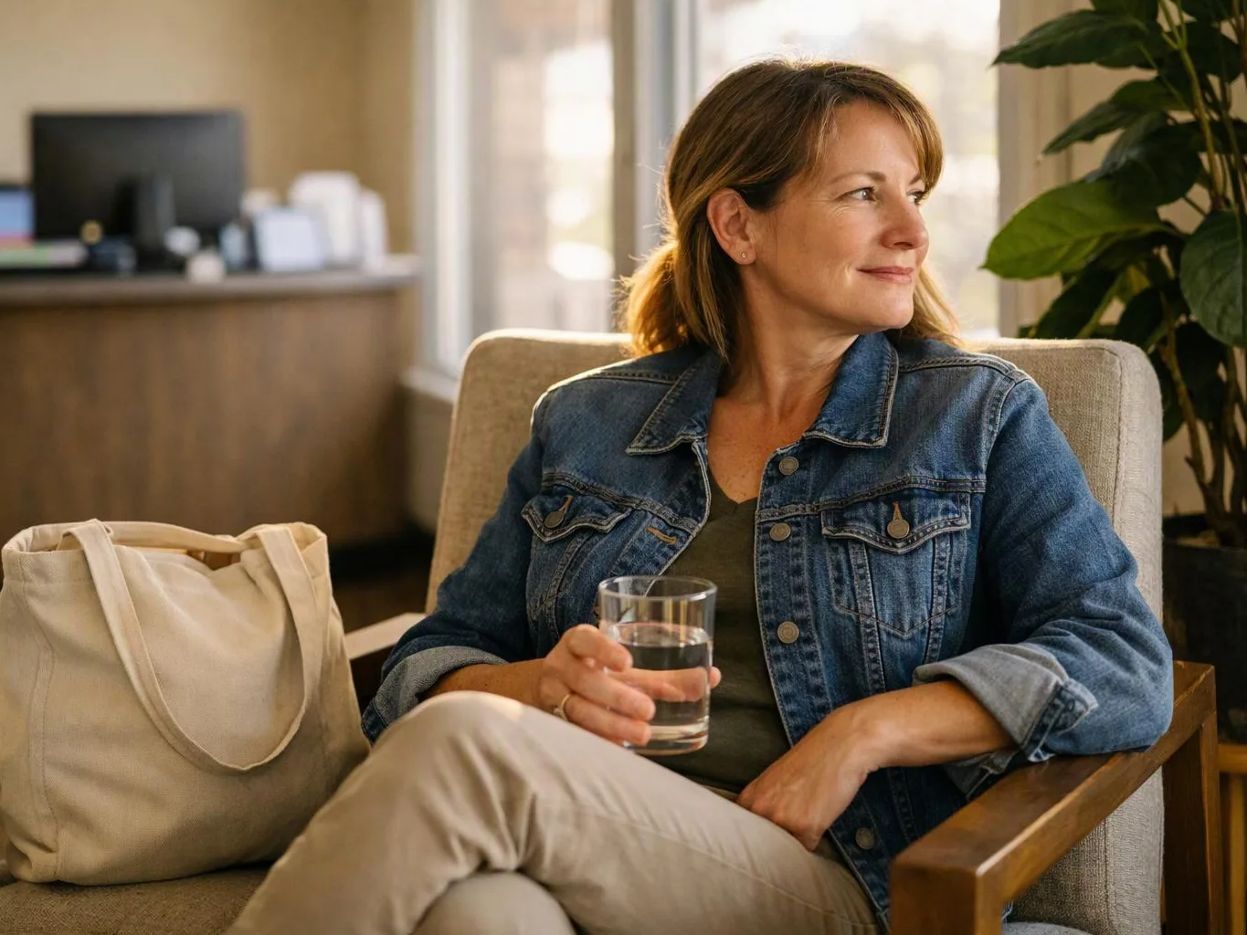 A woman in a denim jacket sits holding a glass of water beside a tote bag in a bright room