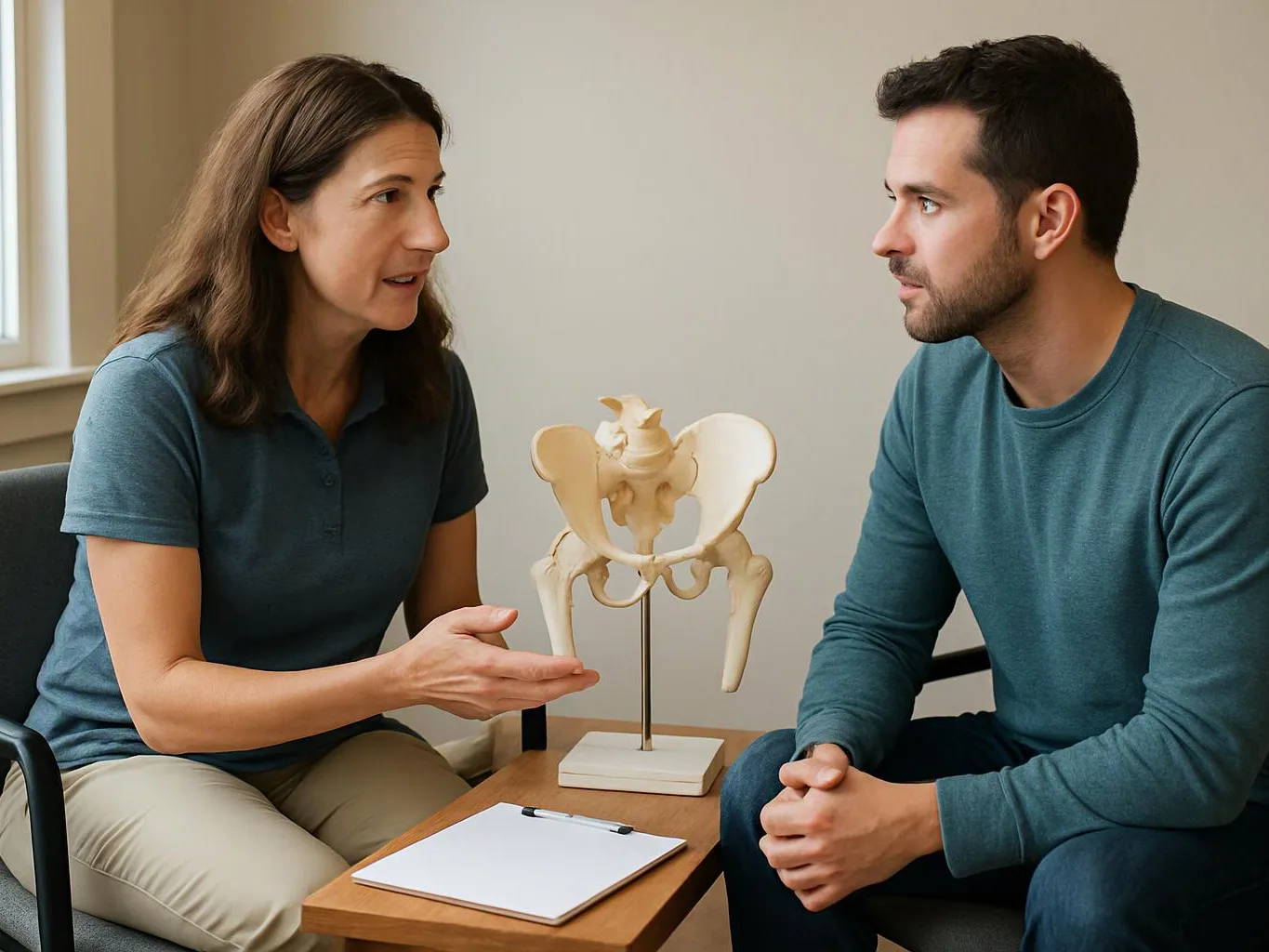 A woman explains a pelvis model to a seated man across a small table in a bright room