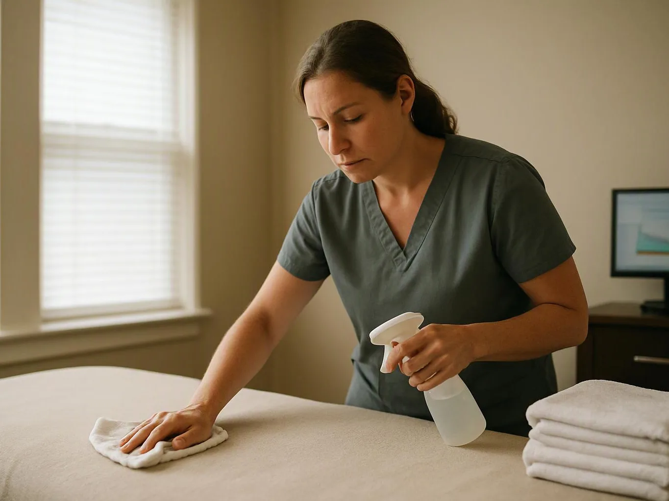 A woman in scrubs wipes a bed with a cloth while holding a spray bottle in a quiet room