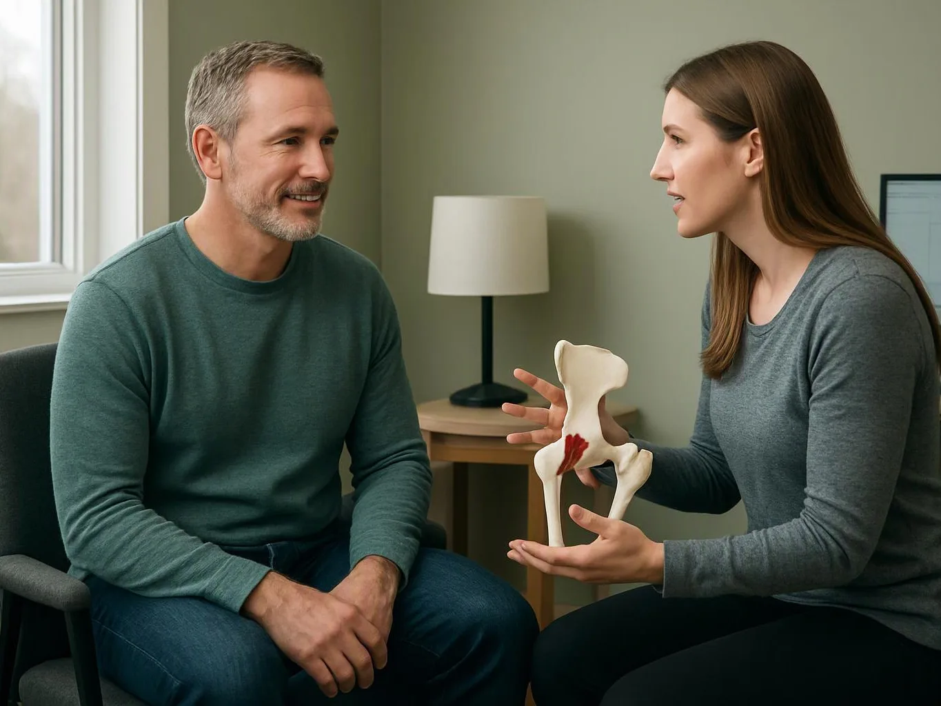 A woman shows a hip bone model to a smiling man in a quiet office room