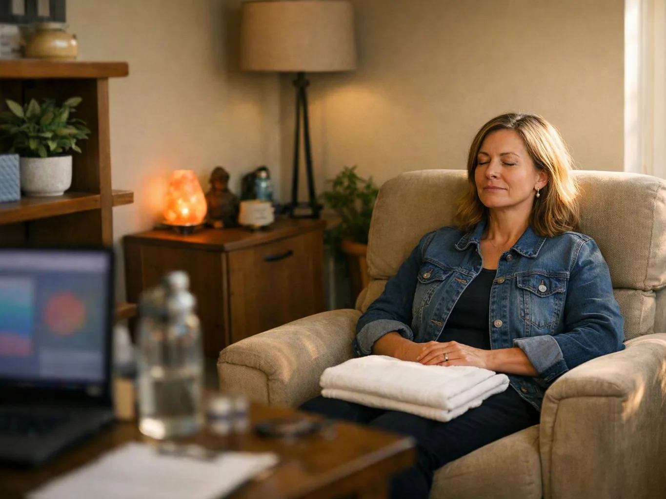 A woman sits quietly in a beige armchair with a folded towel on her lap in a cozy living room