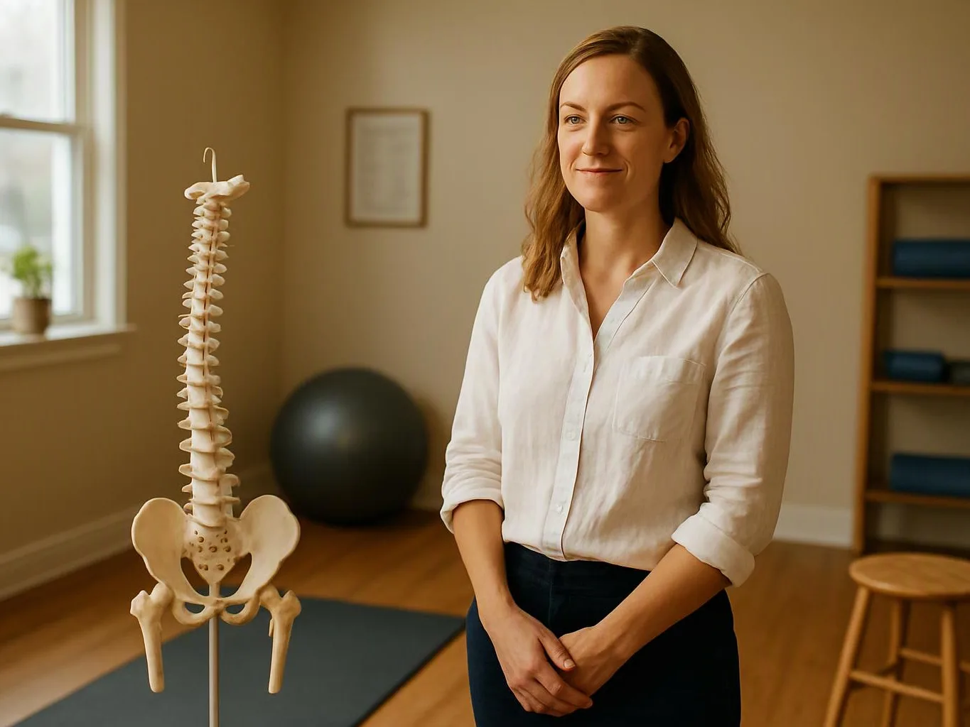 A woman stands beside a spine model in a calm therapy room with a mat and exercise ball