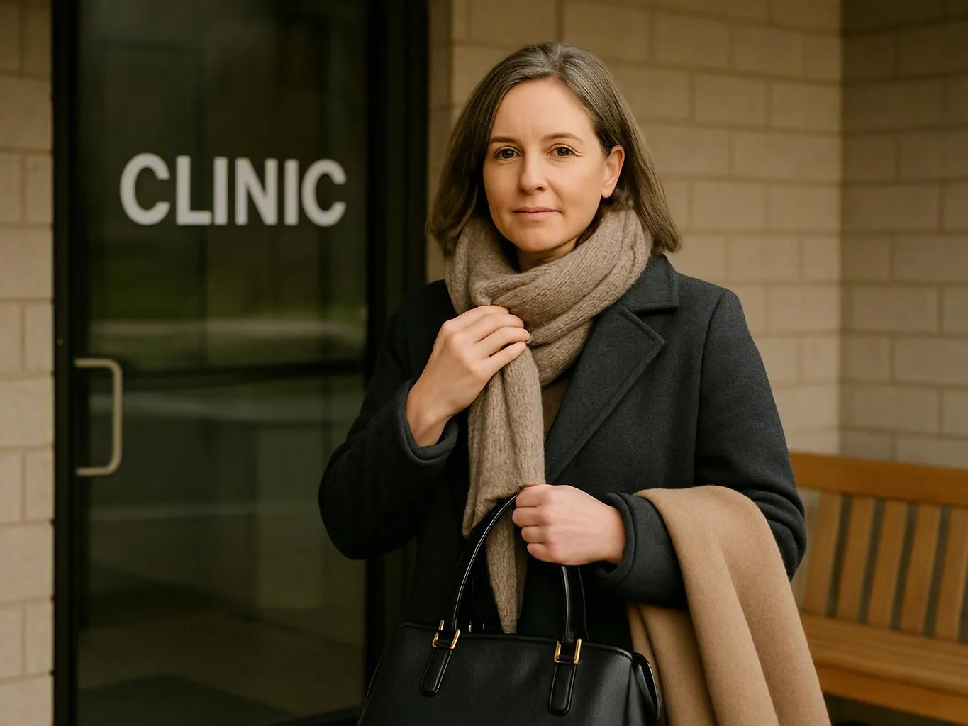 A woman stands outside a clinic door, holding a scarf and handbag beside a wooden bench