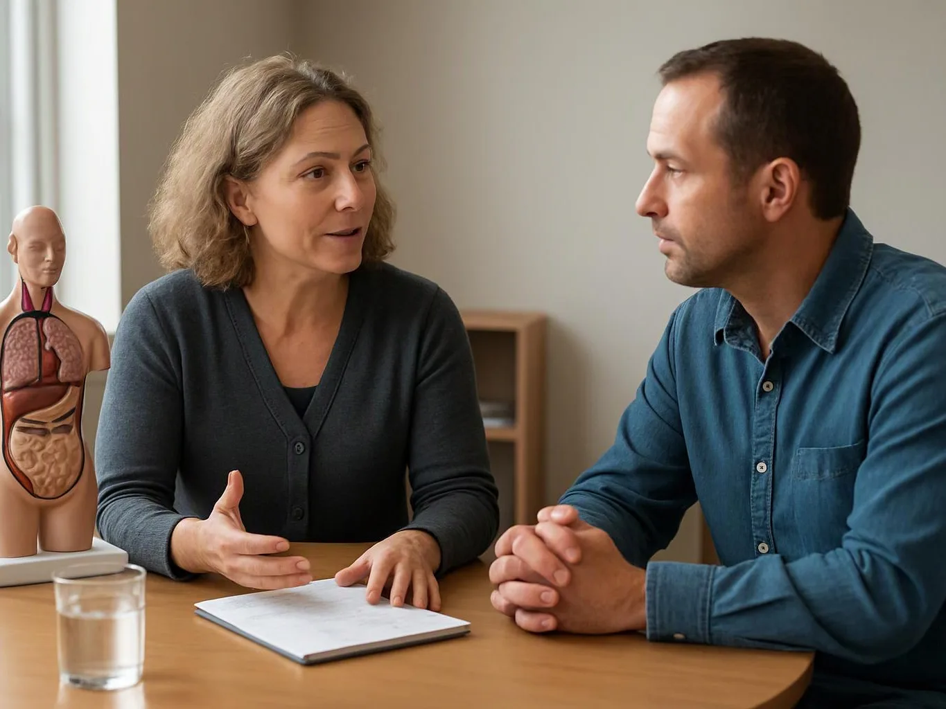 A woman talks to a man across a table beside an anatomy model and a glass of water