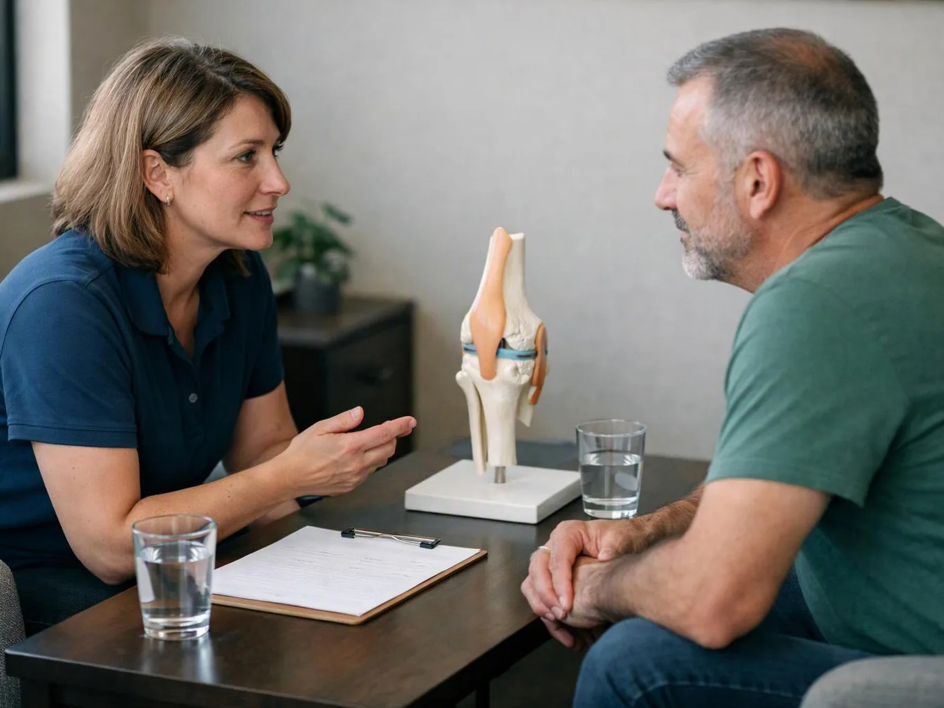 A woman talks with a man across a table, with a knee joint model, water glasses, and a clipboard between them
