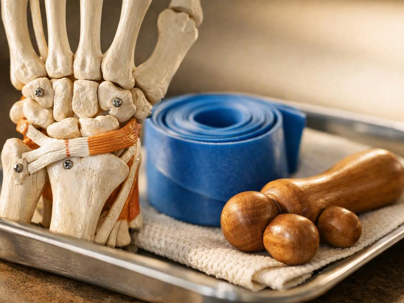 A wrist bone model, blue exercise band, and wooden massage tool rest on a tray, suggesting hand therapy supplies