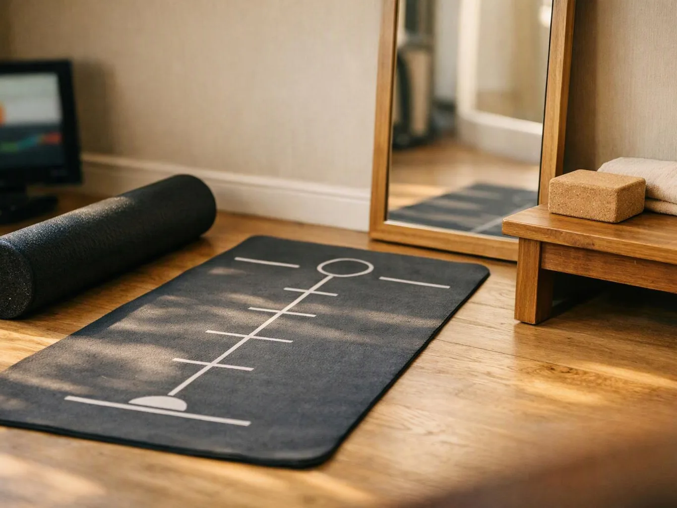 A yoga mat lies on a wooden floor beside a foam roller, a mirror, and a small bench with blocks