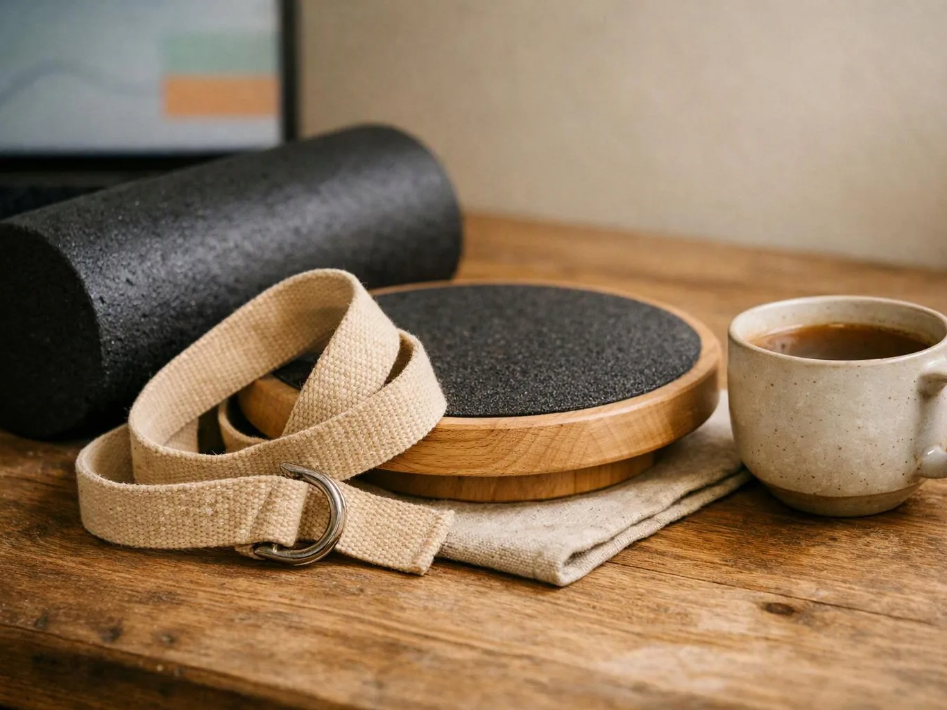 A yoga mat, strap, cork block, folded cloth, and coffee cup rest on a wooden table